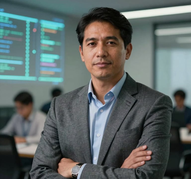 Portrait of a confident engineering professional in a South American corporate office with a background of glowing data nodes and a soft-focus tech environment.