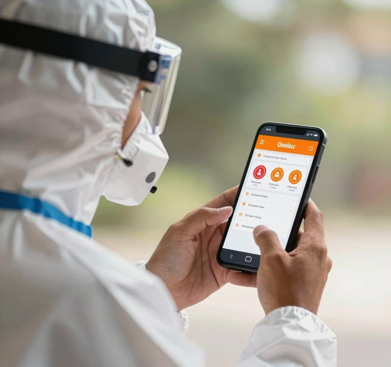 A South American worker wearing modern PPE, interacting with a gamified learning platform on a mobile device showing rankings and safety badges. Bright, professional daylight setting with vibrant orange highlights.