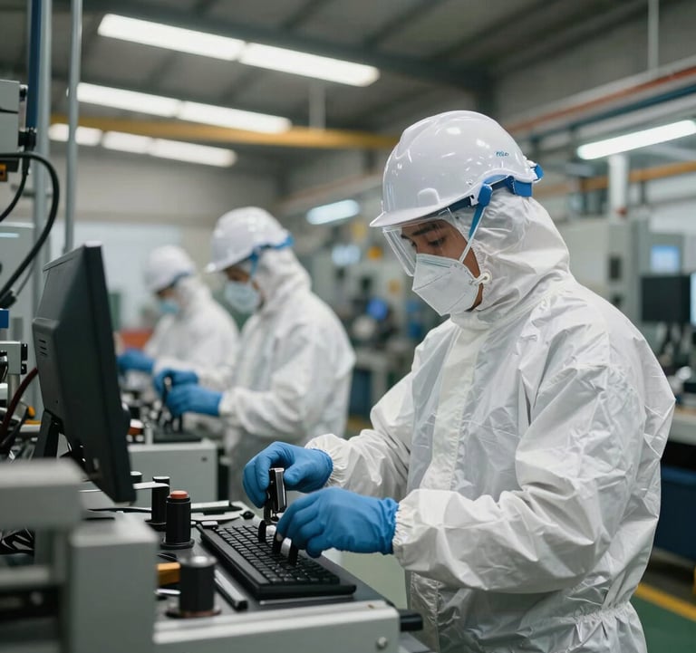 Industrial South American manufacturing plant with workers in modern PPE, showcasing a safe and technologically advanced environment.