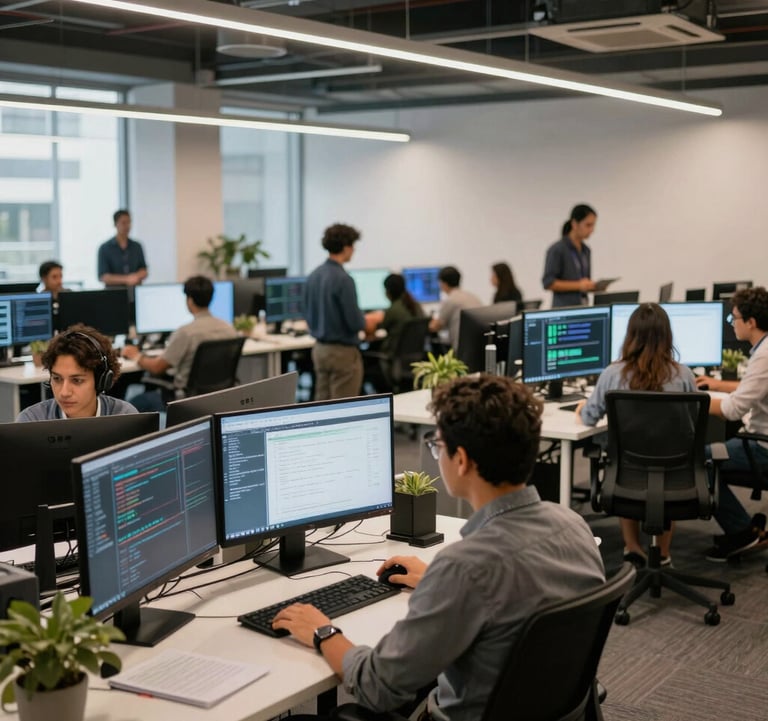 Wide shot of a modern Brazilian technology hub with professionals working at desks featuring large screens with data flows, soft lighting highlighting a collaborative and innovative atmosphere.