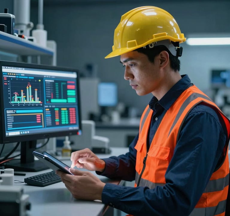 A South American engineer in a safety vest using a modern tablet to monitor real-time industrial data charts, with deep night blue and vibrant orange accents in a professional laboratory setting.