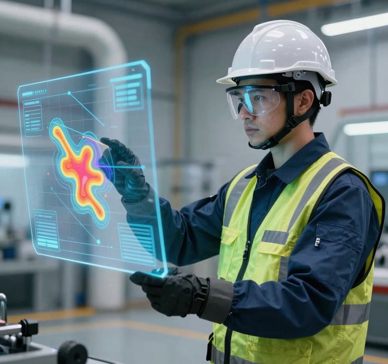Photography of a Brazilian engineer wearing high-tech protective gear, interacting with a 3D holographic risk visualization of noise and heat maps in a bright, futuristic industrial setting.