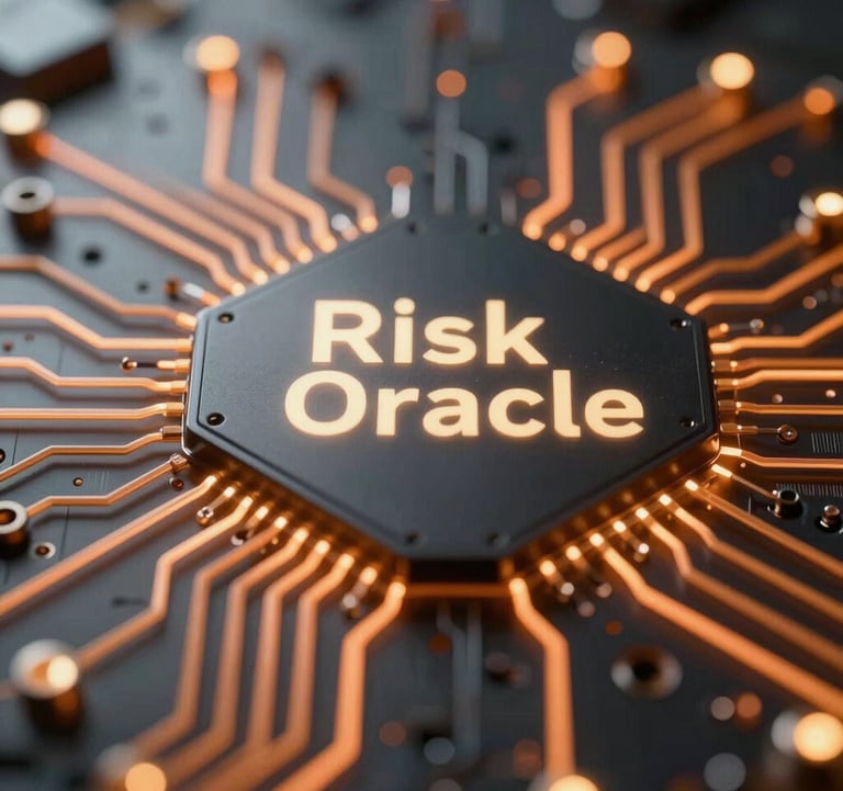 Macro shot of futuristic AI circuitry with flowing light pulses in orange and soft gold, symbolizing the Risk Oracle predictive intelligence.