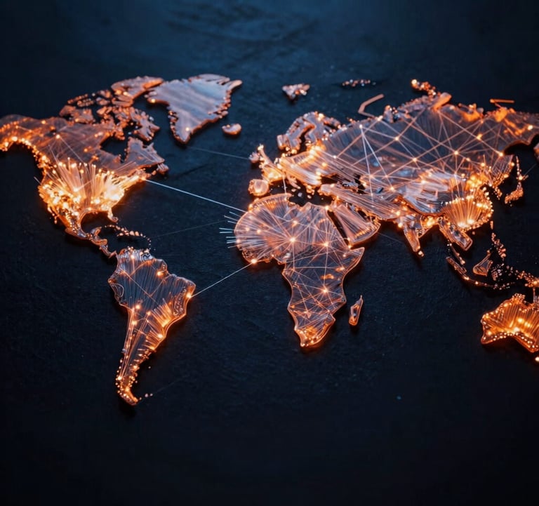 An overhead shot of a glowing fiber optic network spread across a dark surface, symbolizing global connectivity and smart vigilance, with deep night blue and vibrant orange highlights.