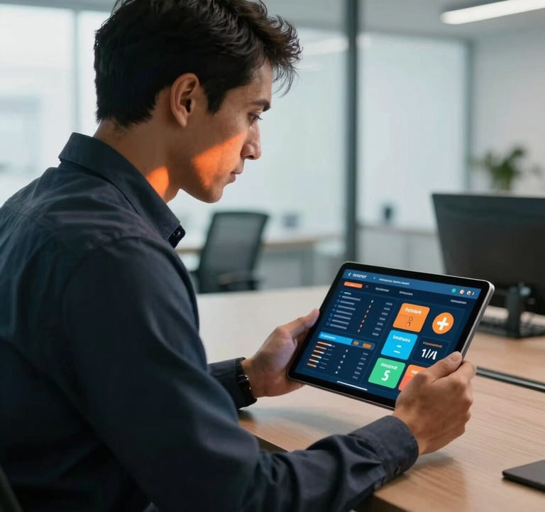 A South American safety professional in a modern office, reviewing a colorful gamified safety dashboard on a high-resolution tablet, with soft orange light reflections and professional attire.