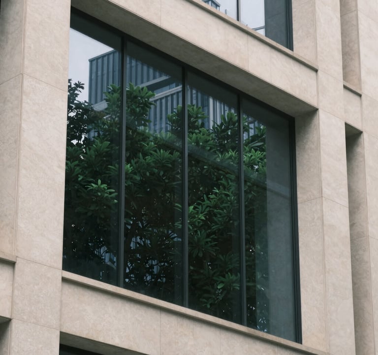 Architectural detail of a modern financial center building. Clean lines, soft off-white stone surfaces, and large glass panels reflecting a forest green plant nearby.