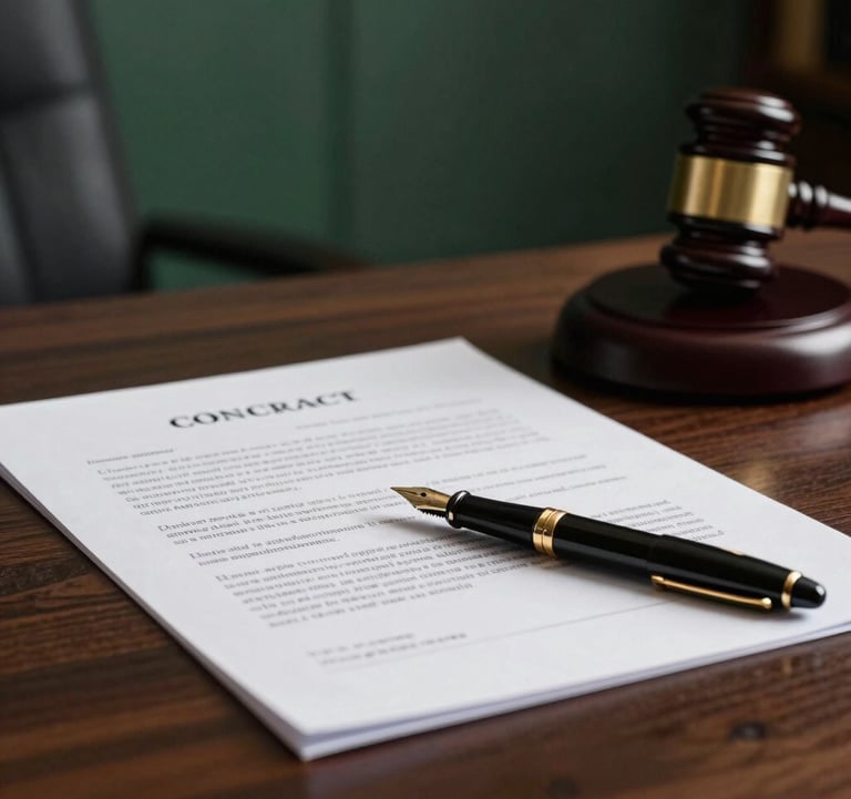A close-up shot of a legal contract on a dark wood desk. A fountain pen rests on the document. The lighting is focused and professional, with a hint of forest green in the office decor behind.