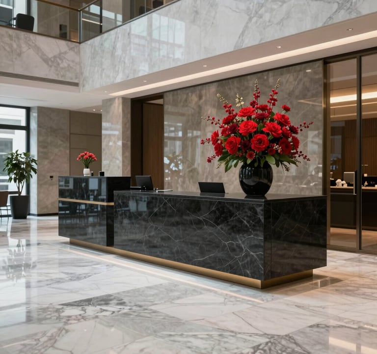An elegant lobby of a financial firm in Zurich. The floors are polished marble, and a large crimson red floral arrangement sits on a sleek, modern reception desk made of dark slate stone. The mood is one of unwavering trustworthiness and luxury.