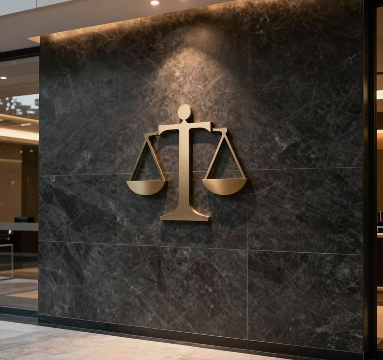 A photograph showing the firm's entrance, featuring a polished dark charcoal wall with a subtle logo. The lighting is warm and welcoming, highlighting the elegant and professional atmosphere of a high-end financial law firm.