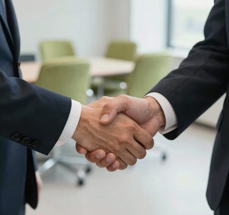 A close-up of a professional handshake between two individuals in business attire. The setting is a bright, modern office with forest green chairs in the blurred background. Natural light, elegant atmosphere.