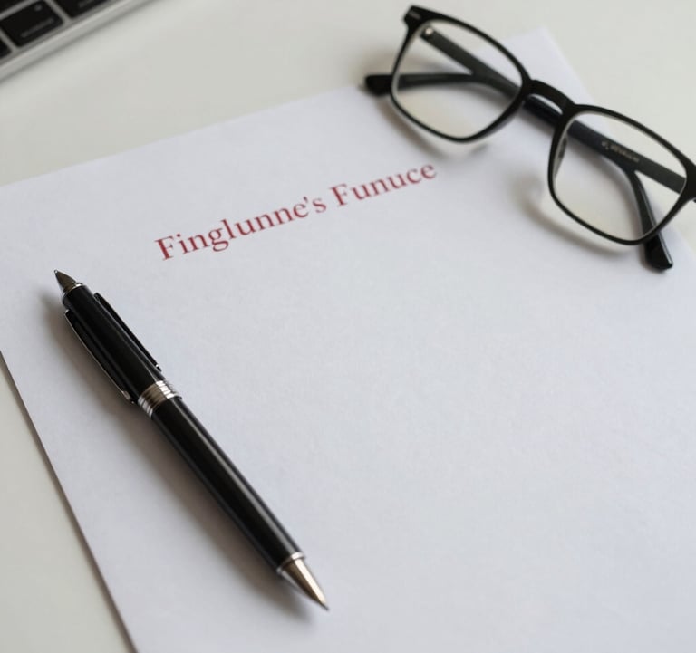 An overhead shot of a clean, minimalist desk with a fountain pen, a pair of glasses, and a financial report. The paper has subtle crimson red headings. Soft off-white aesthetic.