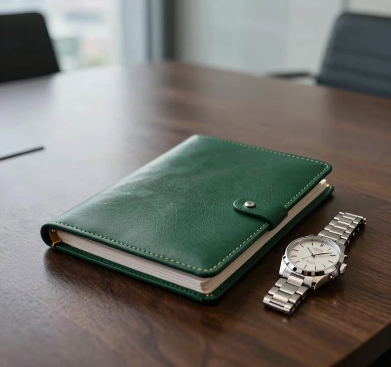 A modern boardroom table in a high-rise office. The lighting is professional and clear. Details include a leather portfolio in forest green and a silver watch on the table, symbolizing precision and wealth management.