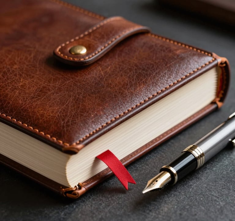 A close-up professional photograph of a leather-bound legal volume and a classic fountain pen resting on a dark charcoal desk surface. Soft side-lighting highlights the texture of the leather and the crimson red bookmark within the pages.