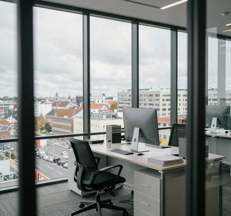 A professional interior shot of a modern legal office in Berlin. Large windows overlook the city, with minimalist furniture including a desk in dark charcoal and a leather chair with forest green accents. The lighting is bright and clean.