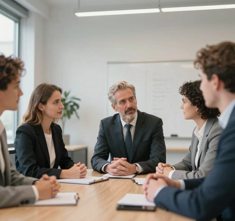 A focused team of professionals in dark charcoal suits having a meeting around a glass table. A soft off-white wall is in the background. Minimalist and corporate.