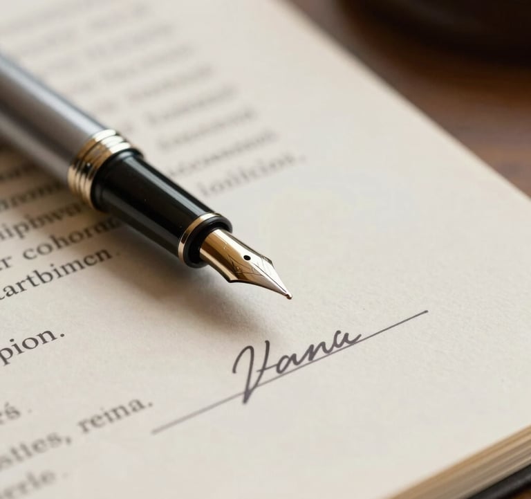 A close-up shot of a fountain pen resting on a signed legal document. The paper is high-quality soft off-white. The lighting is focused and elegant, reflecting a professional and trustworthy legal environment.