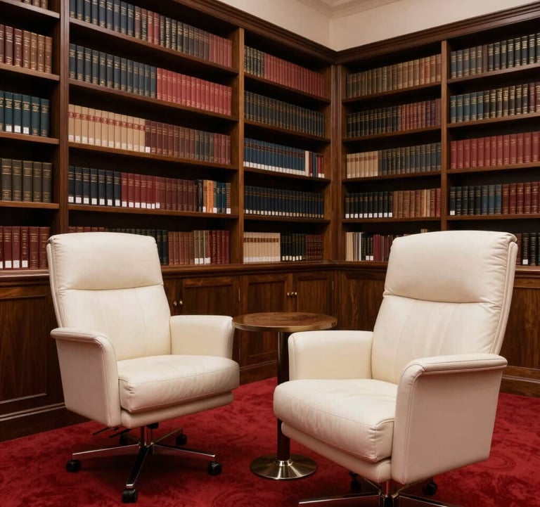 Interior shot of a sophisticated law library with floor-to-ceiling shelves. The dark wood of the shelves contrasts with the soft off-white leather of the reading chairs. A crimson red rug adds a touch of modern elegance.
