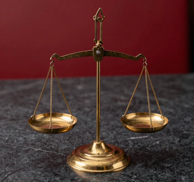 Macro photography of a set of classic brass balance scales on a dark charcoal marble surface, representing justice and financial balance. Crimson red background accents.