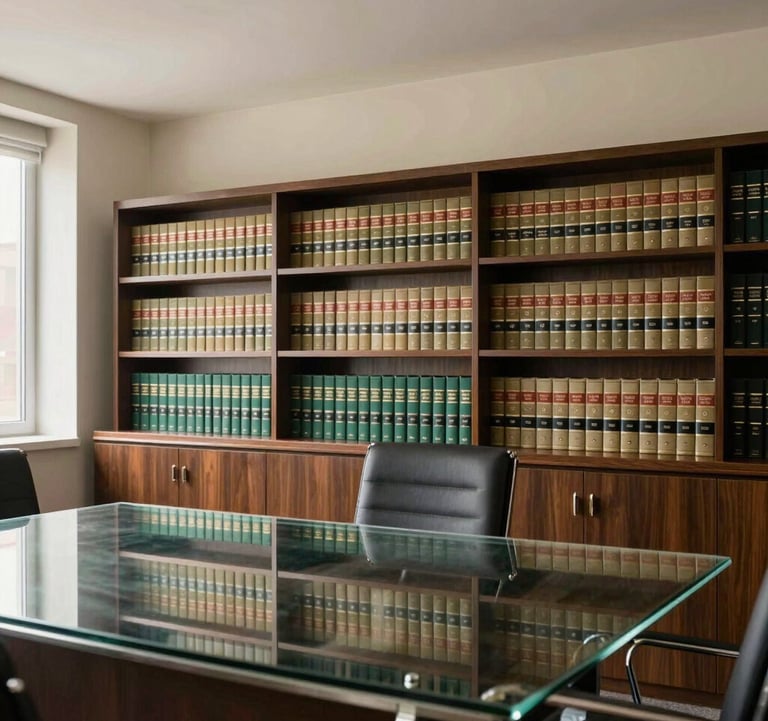 An interior photograph of a bright, modern law office consultation room. A large glass table reflects the soft off-white ceiling. The background features a tall bookshelf filled with legal journals, with subtle forest green accents in the decor.