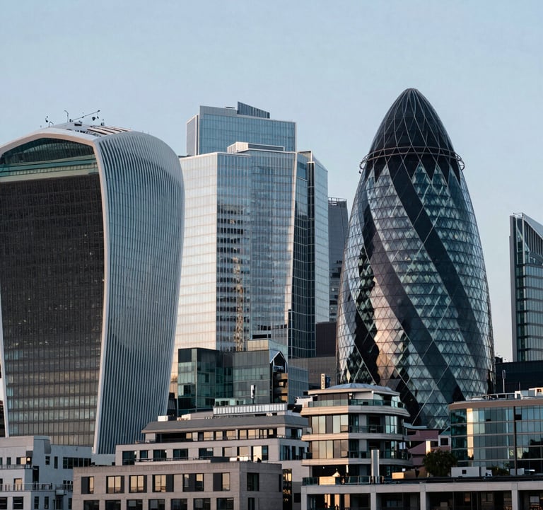 A sleek, sharp photograph of the London financial district skyline. The Gherkin and other modern structures are visible under a soft morning sun. The color palette emphasizes professional deep slate blue-grey and soft off-white reflections.