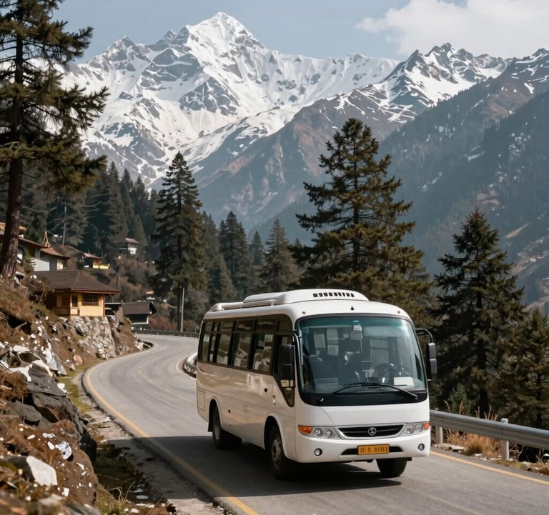 A luxury travel coach driving along a winding mountain road in Manali, surrounded by snow-capped peaks and pine trees, crisp daylight photography, South Asian / Indian travel context.