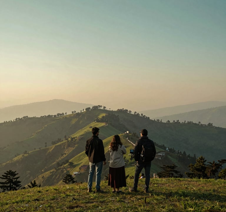 Travelers enjoying a scenic view of the Shimla ridge at sunset, golden hour lighting, soft sage green and teal colors in the landscape, South Asian / Indian scenery.