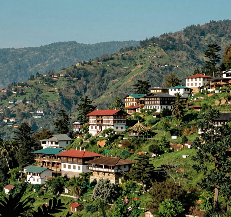 Photography of a scenic mountain vista in Shimla, featuring traditional colonial-style architecture nestled among lush green hills under a bright clear sky, South Asian region, vibrant and inviting.