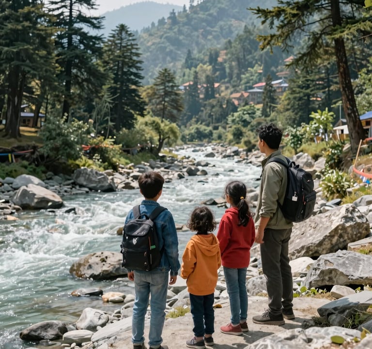 Photography of a family of travelers happily enjoying a view of the Beas River in Manali, rocky riverbank, lush cedar forests, bright daylight, South Asian tourism.