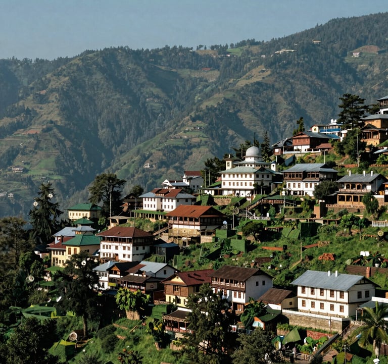 A breathtaking view of the mountain town of Shimla, featuring colonial-style architecture nestled among lush green ridges under a clear sky. The composition captures the serene beauty of the South Asian highlands in bright, natural daylight.