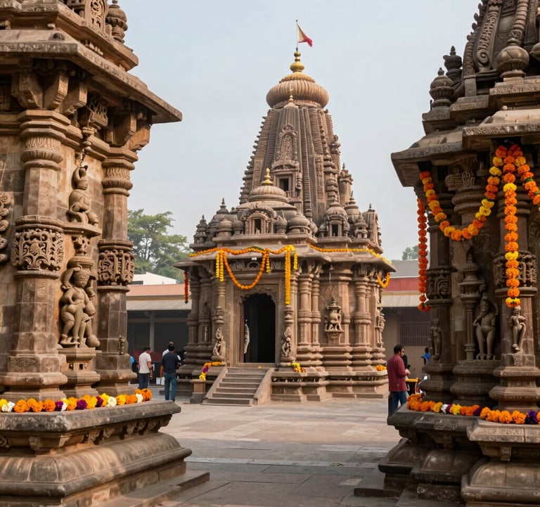 Photography of a serene temple courtyard in Vrindavan, with intricate stone carvings and colorful marigold garlands, soft natural light, South Asian cultural richness.