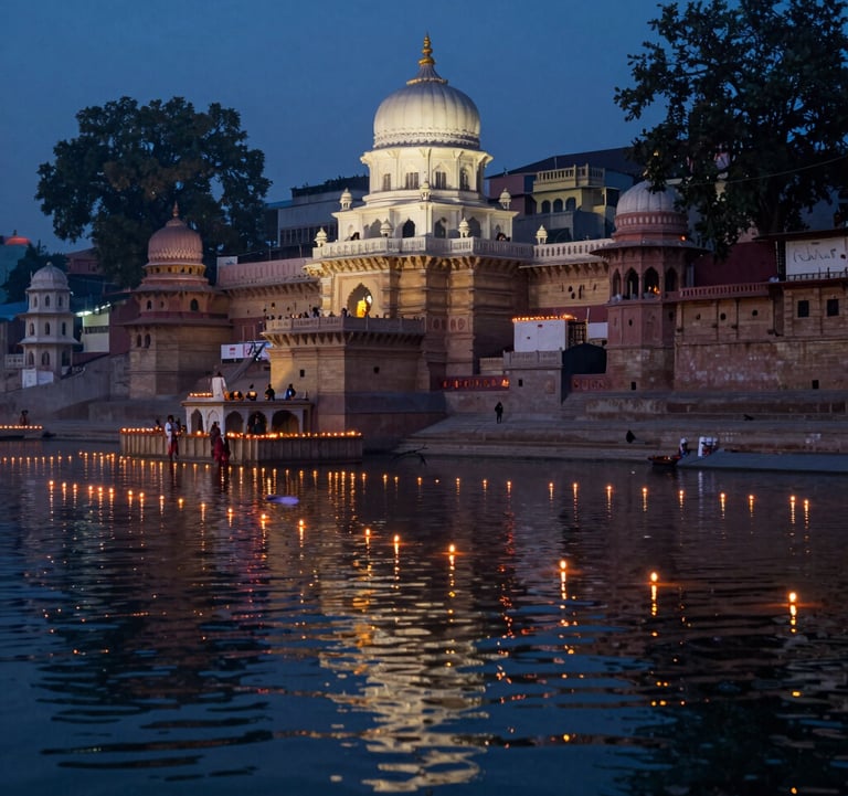 A serene photography shot of the evening Aarti ceremony in Vrindavan, with many glowing lamps reflecting off the water. The architecture of the South Asian / Indian ghats is visible in the background. The colors are dominated by deep navy and warm off-white glows.
