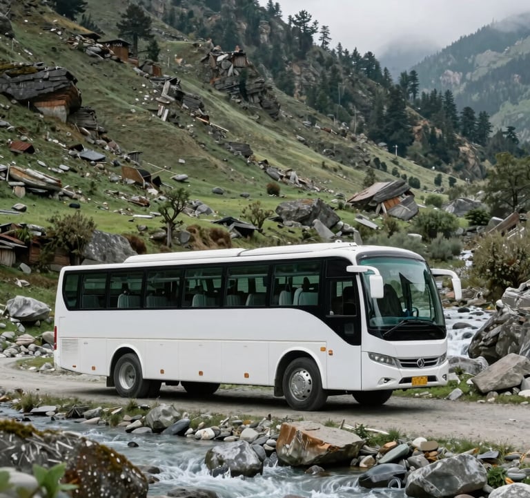 A photography shot of a luxury travel coach parked beside a mountain stream in Manali. The South Asian / Indian landscape features rugged rocks and sage green vegetation. High-quality, clear composition with a sophisticated travel vibe.