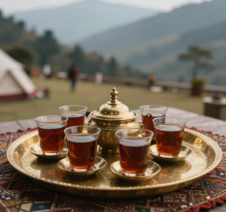 Detailed shot of traditional Indian tea being served on a brass tray at a luxury mountain campsite, warm hospitality, South Asian / Indian setting.