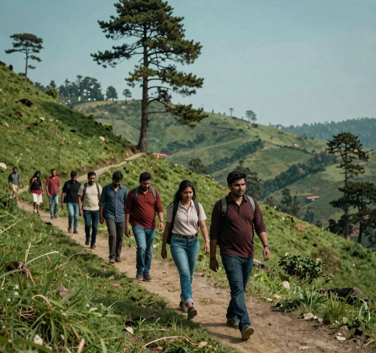 A professional photograph of a group of South Asian / Indian travelers walking along a lush green trail in Shimla. The background shows rolling hills and tall pine trees under a clear teal sky. The lighting is soft and natural.