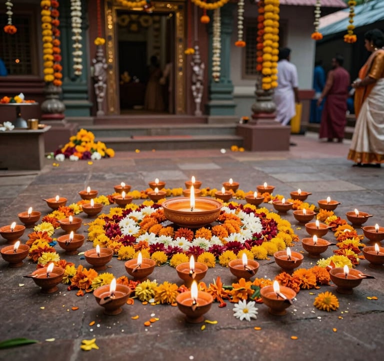 A festive celebration in a temple courtyard with flowers and traditional lamps, South Asian / Indian context, vibrant and respectful mood.