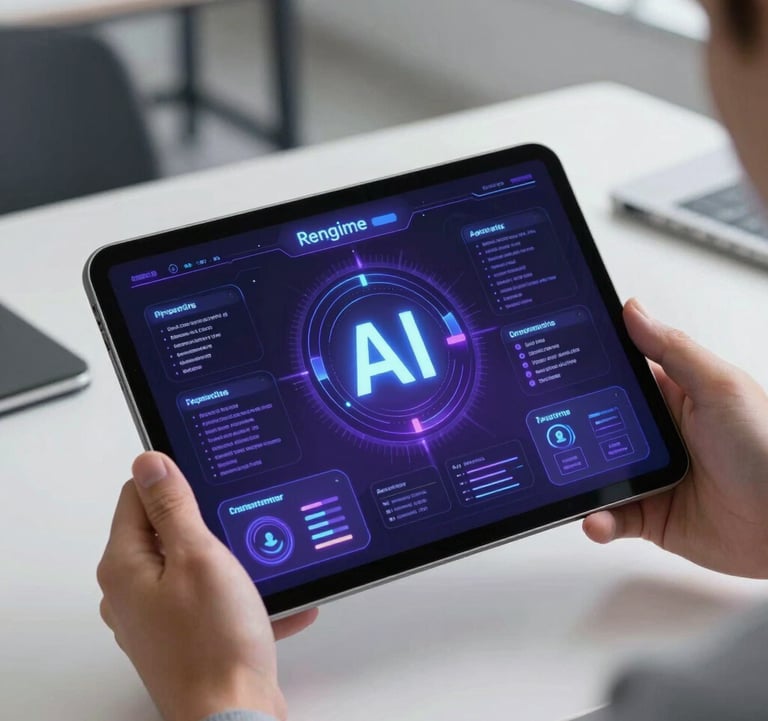 A futuristic digital interface displayed on a high-resolution tablet held by a professional in a modern office. The interface glows with deep purple and indigo hues, representing a sophisticated AI platform.