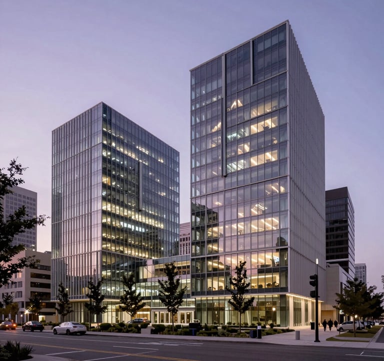 Clean, architectural photography of a modern innovation hub in a North American tech district, featuring glass and steel structures illuminated by soft lavender dusk lighting.