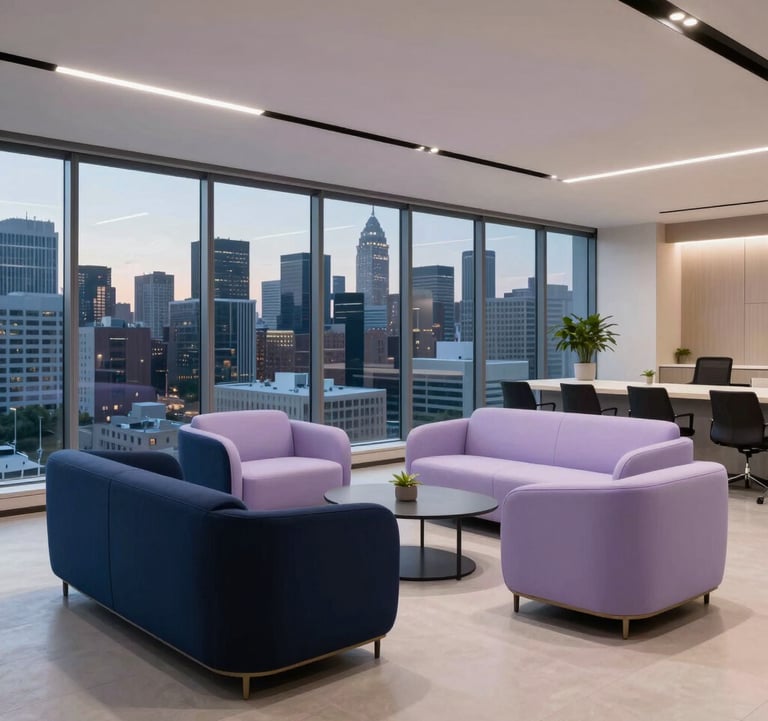 A wide-angle, premium photography shot of a modern, open-concept innovation lounge in a North American corporate headquarters. The furniture is minimalist and high-end, featuring deep navy and light lavender upholstery. Large windows show a clear city skyline at dusk.
