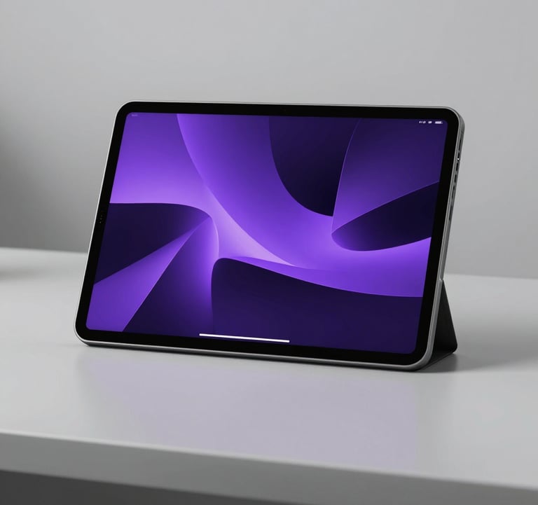 A minimalist, premium workspace in the United States featuring a high-end digital tablet displaying abstract, visionary architectural patterns in vibrant violet purple and dark midnight purple light.