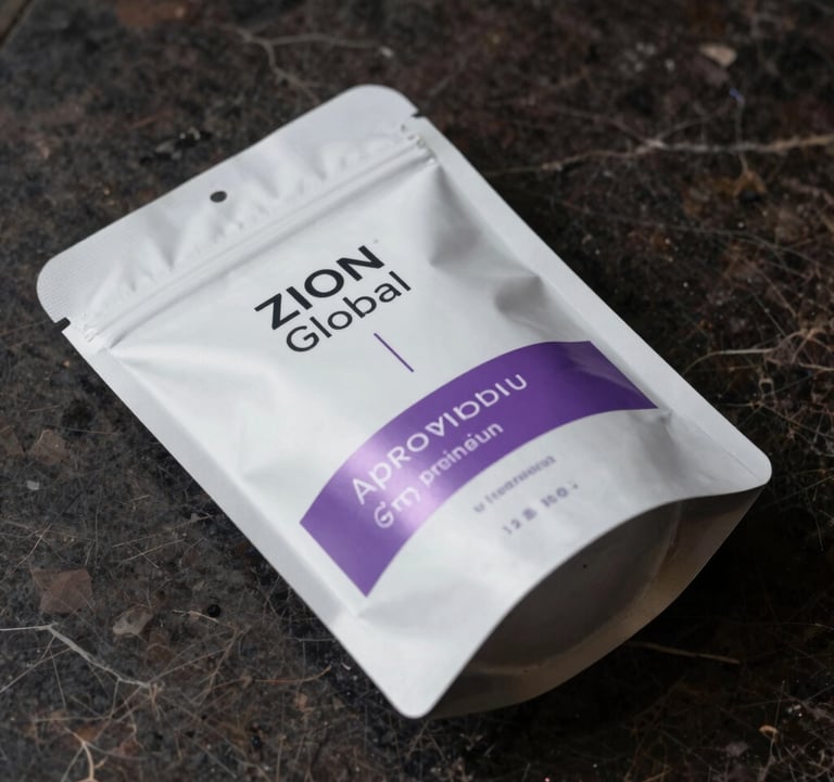 A premium product photography shot of natural beauty packaging on a dark marble surface. The labels are minimal and sophisticated. Soft purple accent lighting reflects the Zion Global brand aesthetic.