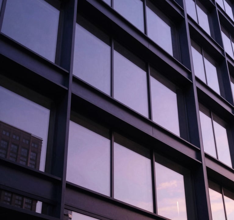 An artistic shot of modern corporate architecture in the US, showing clean lines and deep navy steel beams reflecting a soft purple sunset. Symbolic of strength and scale.