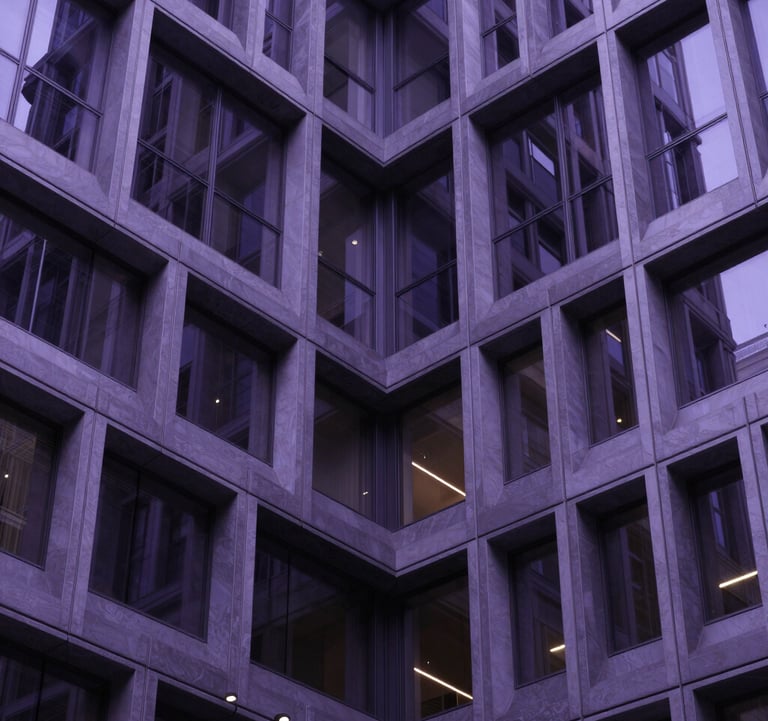 Sleek architectural detail of a high-tech building's atrium in North America, with a focus on geometric patterns and a cool, midnight purple color palette.