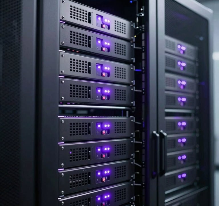 Detailed shot of a sleek, modern server room or data center, with soft violet purple indicator lights reflecting on metallic surfaces, representing powerful AI infrastructure in the US.