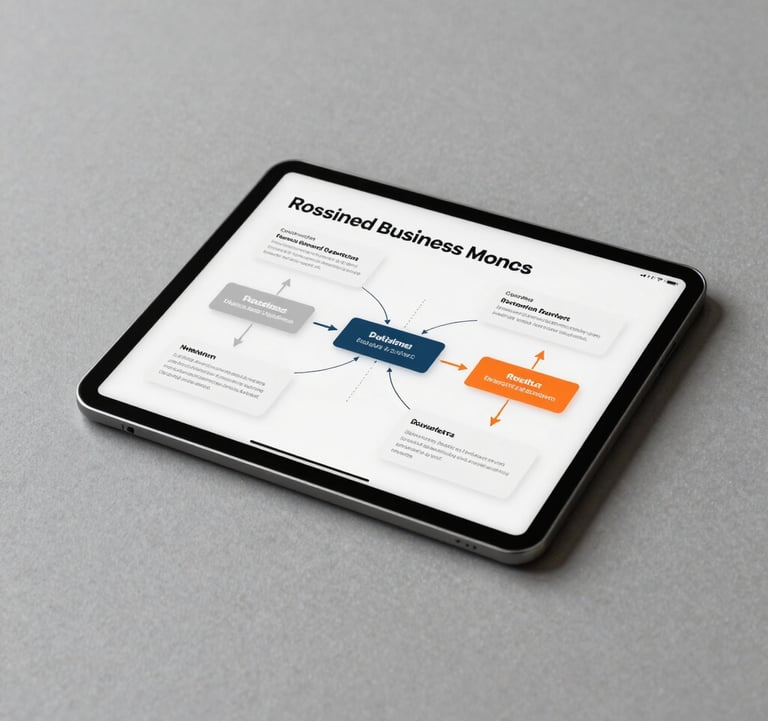 A minimalist studio setting featuring high-end branding materials and a tablet showing a structured business roadmap. The lighting is soft and intentional, emphasizing clarity and strategy in a North American design firm.