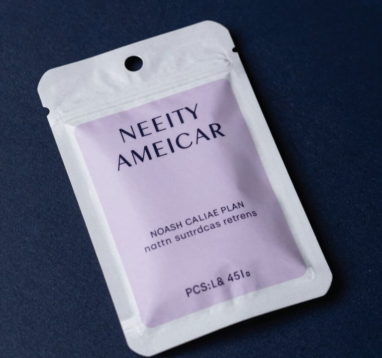 Close-up of high-end consumer product packaging for a beauty brand, featuring clean typography and soft lavender accents, set against a dark navy textured background. North American luxury aesthetic.