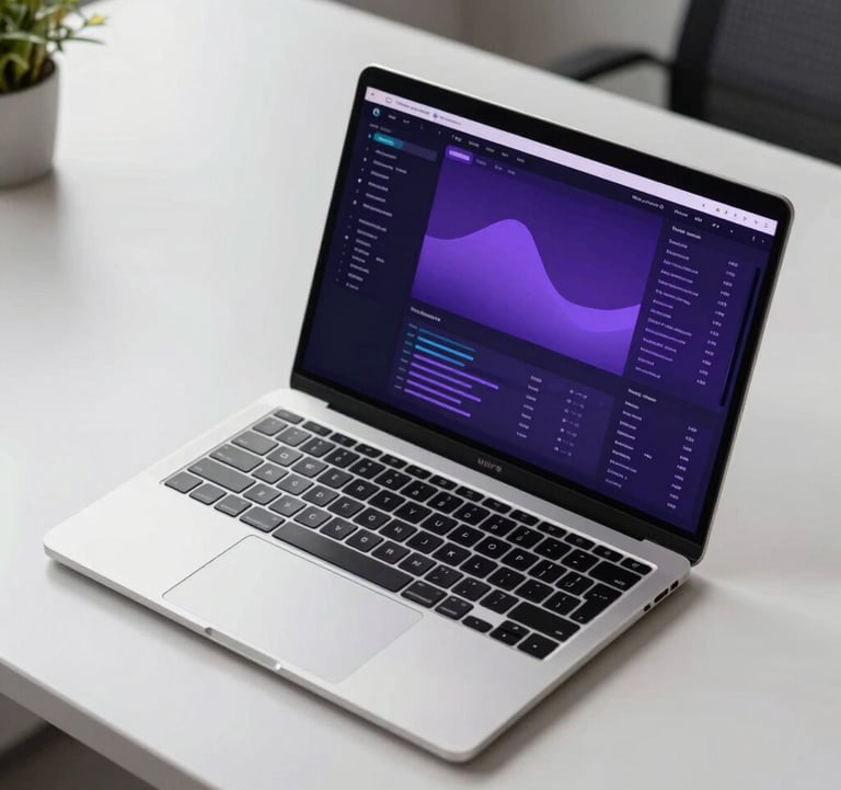 A clean, high-angle photograph of a modern tech workspace in the US. A high-end laptop displays a sophisticated data interface with deep purple and lavender color gradients. The environment is professional and visionary.