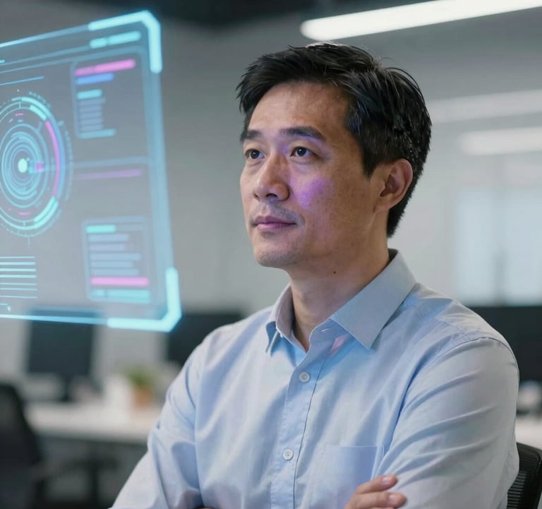 A professional portrait of a visionary leader in a high-tech North American workspace, looking thoughtfully at a holographic-style projection (implied by the soft lavender lighting on the face). The style is clean, sharp, and reflects strategic depth.