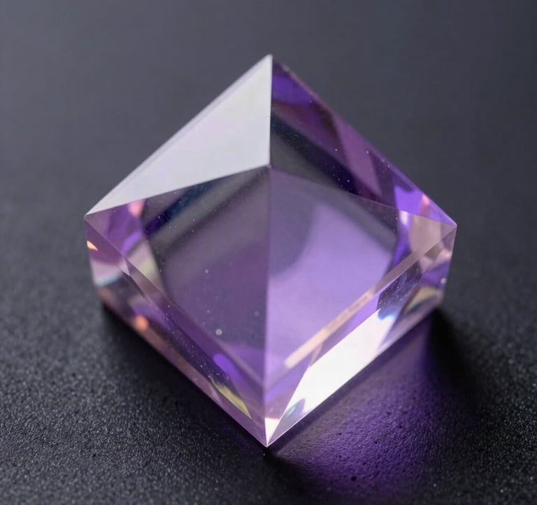 A sharp, macro photography shot of light refracting through a crystal prism onto a dark surface, creating a spectrum of violet and soft lavender, symbolizing clarity and technological insight.