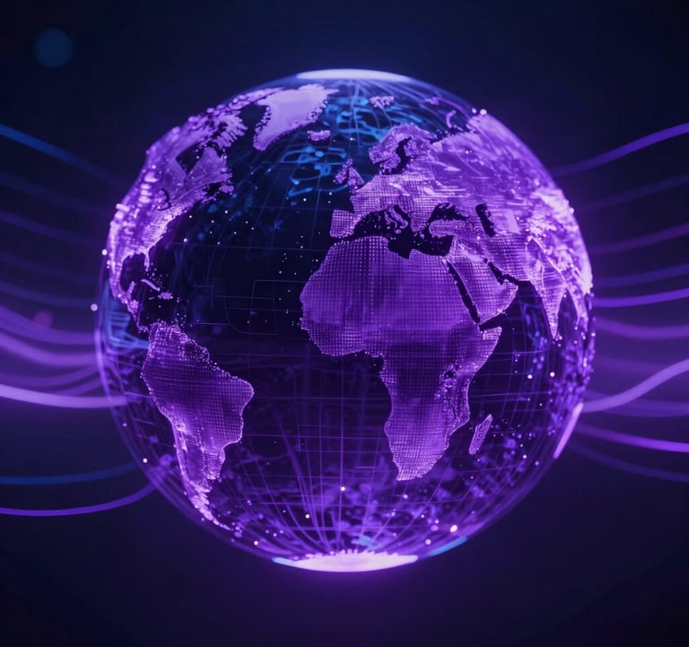 Abstract, high-speed photography of light trails in vibrant violet purple and deep navy blue, symbolizing the flow of data and systems within a global digital ecosystem.