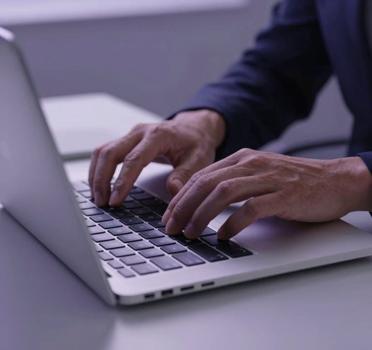 A close-up, high-end photograph of a professional's hands working on a sleek, thin laptop in a minimalist, modern office in North America. The lighting is cool-toned with soft purple accents, focusing on clean design and a sense of focused technological innovation.